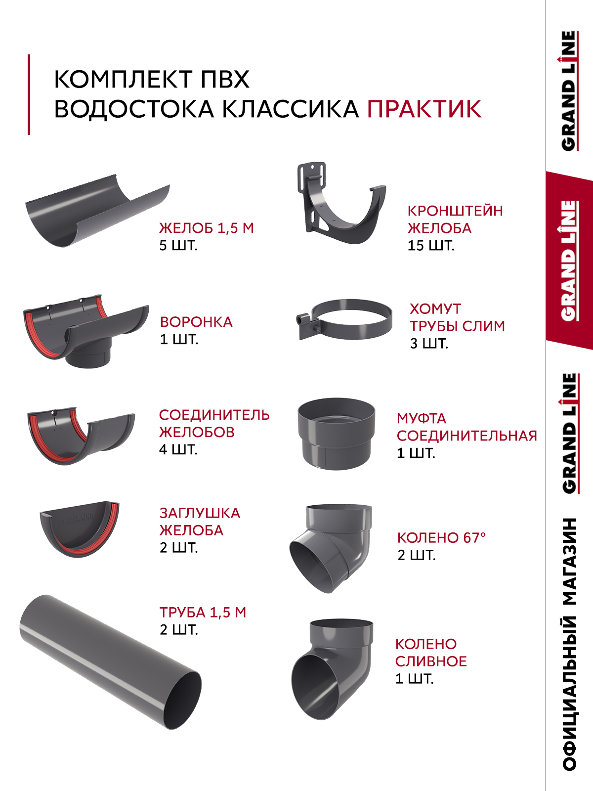 Комплект водосточной системы Классика Практик 120 ПВХ 7,5м/3м RAL 7024 графит ПрофЛайн, купить Комплект водосточной системы Классика Практик 120 ПВХ 7,5м/3м RAL 7024 графит в ПрофЛайн