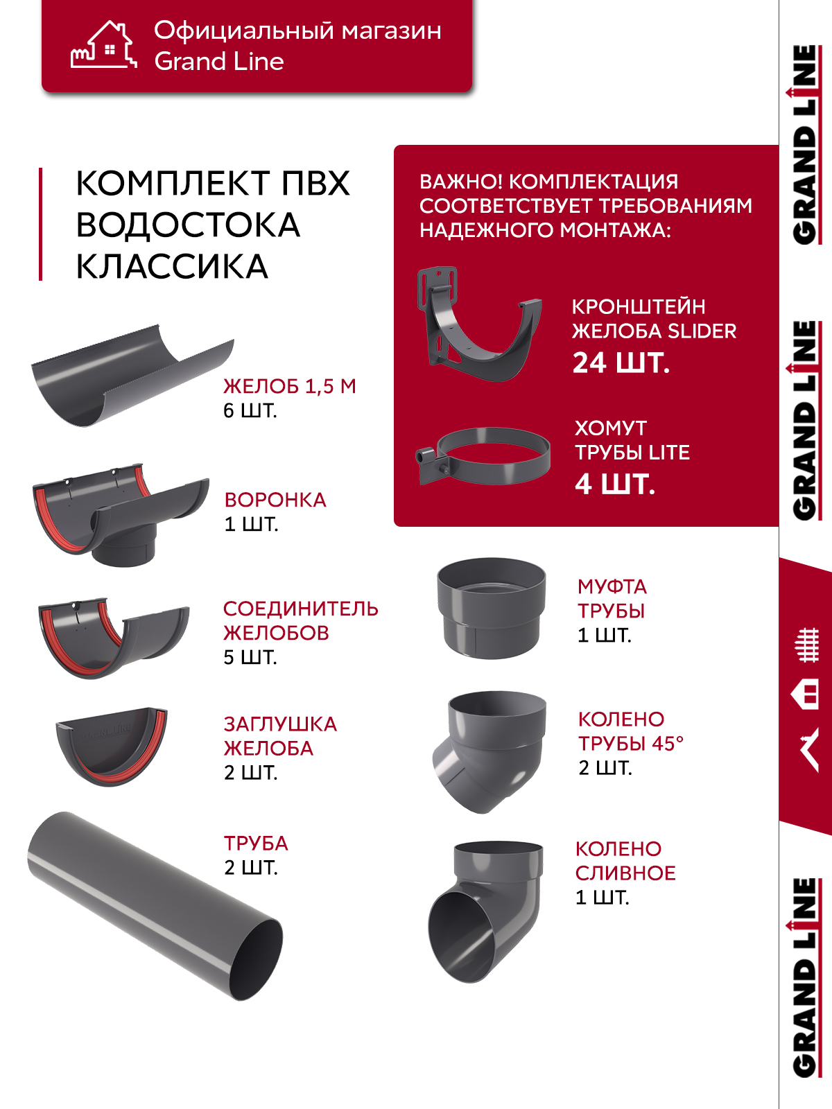 Комплект водосточной системы Классика 120мм ПВХ 9м/3м RAL 7024 графит ПрофЛайн, купить Комплект водосточной системы Классика 120мм ПВХ 9м/3м RAL 7024 графит в ПрофЛайн