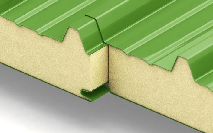 Кровельные сэндвич-панели с наполнителем из пенополиизоцианурата толщиной 200 мм, цвет RAL 6018 ПрофЛайн, купить Кровельные сэндвич-панели с наполнителем из пенополиизоцианурата толщиной 200 мм, цвет RAL 6018 в ПрофЛайн