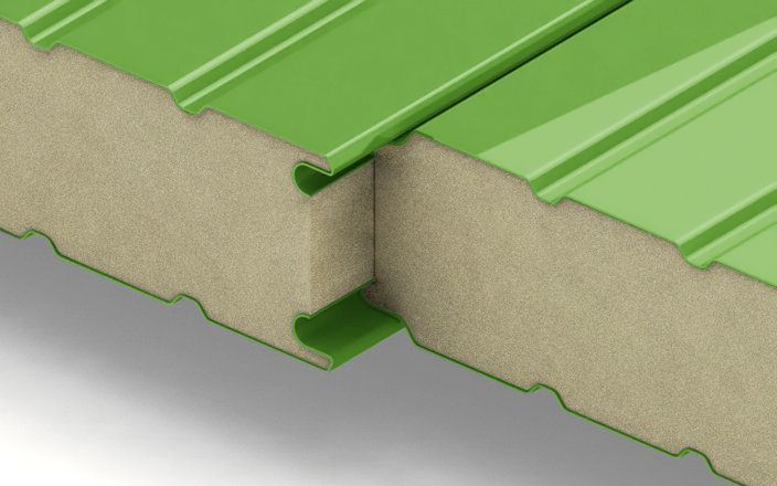 Стеновые сэндвич-панели с наполнителем из пенополиизоцианурата толщиной 30 мм, ширина 1000 мм, цвет RAL 6018 ПрофЛайн, купить Стеновые сэндвич-панели с наполнителем из пенополиизоцианурата толщиной 30 мм, ширина 1000 мм, цвет RAL 6018 в ПрофЛайн